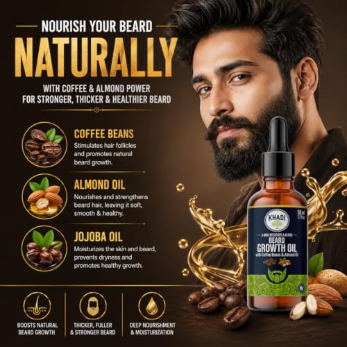 Image of Khadi Organic Beard Growth Oil with Coffee Beans & Almond Oil for Men | Fast Absorption, Non-Sticky & Nourishes Patchy Beard | 50 ML