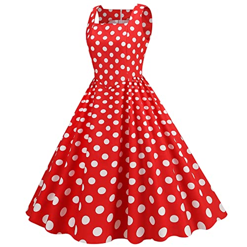 Rockabilly, abito da donna vintage anni '50, senza maniche, a pois, stile coctail, alla moda degli anni '60, con spalline sottili, tunica, per feste, balli, costumi di carnevale, A4 rosso., M