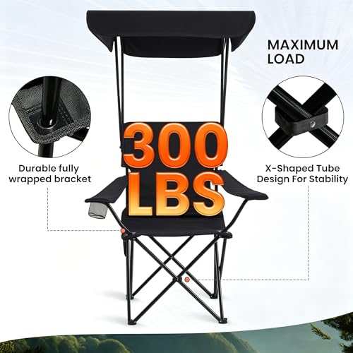 Silla de camping portátil 2 unidades con dosel plegable, silla plegable para exteriores con portavasos y bolsillo lateral para camping, senderismo, picnic y playa (Negro) miniatura 5