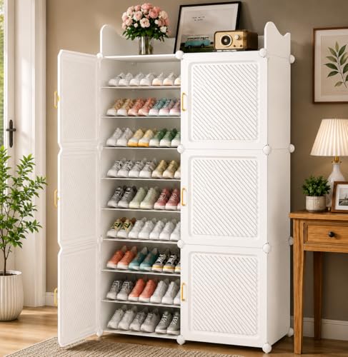 Image of Mevigo Plastic Shoe Rack for Home with Door | 18-Tier Stackable Shoe Organizer | Holds 36 Pairs | Waterproof & Dustproof | DIY Modular Shoe Cabinet | Chappal Slipper Stand for Bedroom, Entryway