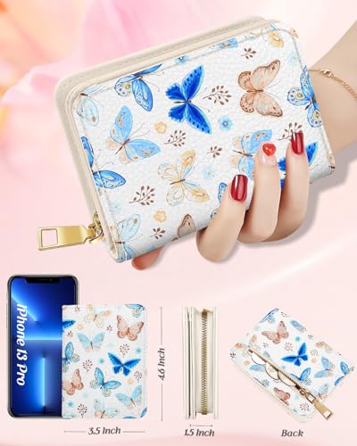 Image of Bistup Leather 12 Slot Accordion Card Holder Wallet, Butterfly | Accordion Storage, Zipper Around Closure, Compact Patterned Wallet for IDs, Cards, Cash, Daily Carry and Gifts