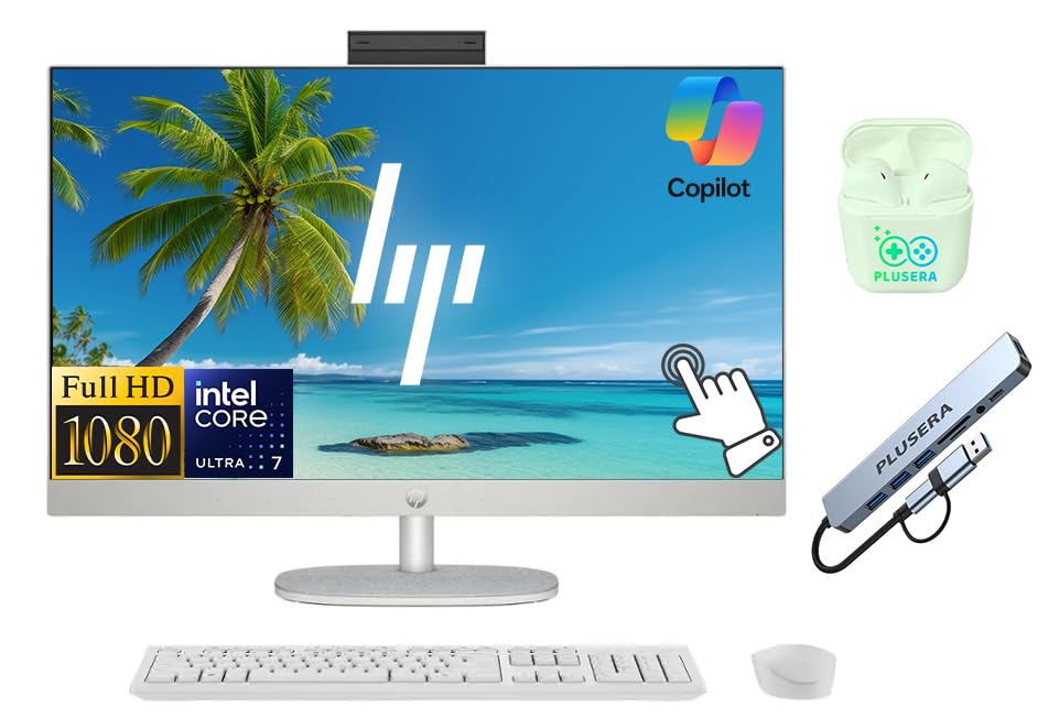 Image of HP 27 inch FHD Touchscreen All-in-One Desktop Computer, Intel 12-Core Ultra 7 Processor, 32GB RAM 1.5TB Storage (1TB SSD+512GB External), Wireless Keyboard & Mouse, Windows 11, PLUSERA Earphones, White