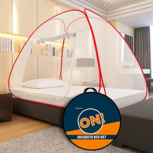 Image of KOLAR Supreme On Mosquito Net for Single Bed, 6.5 Feet X 4 Feet Premium Machardani with 30 Pair of Stars, Strong and Durable, 30 GSM, Tent Type, Foldable, Corrosion Resistant (Single Bed, Red)
