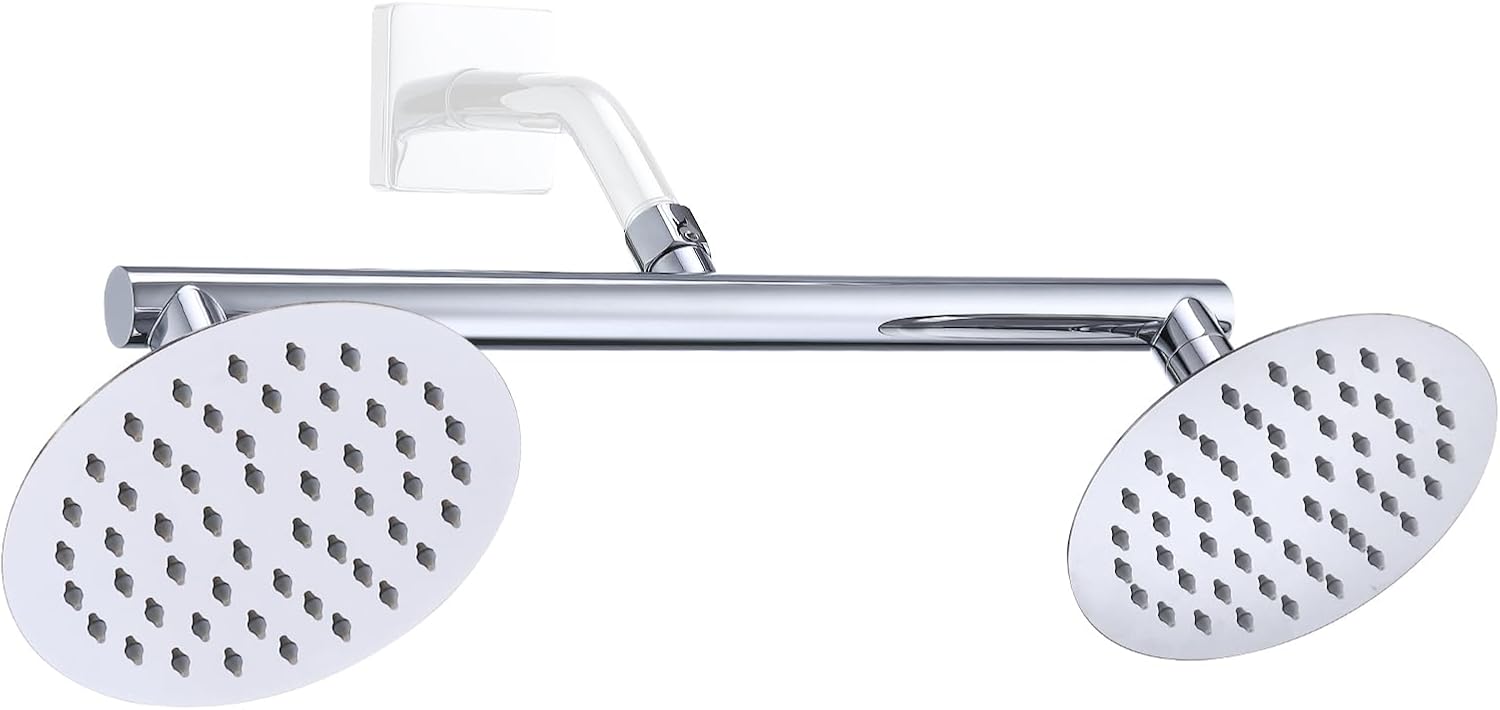 G-Promise All Metal Double Shower Head Built-in Water Flow Control Shut-Off Valve, High Pressure Tandem Shower Head Prepare for Couples Walk-in Bathroom or Small Space Bathroom (Chrome)