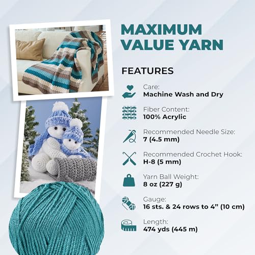 Image of Mary Maxim Maximum Value Acrylic Yarn for Crocheting and Knitting, Soft Worsted Weight Teal Yarn 4, Ideal for Blankets, Sweaters, Hats, and Scarves, 8 oz Skein (474 Yds), Medium Teal - 1 Skein