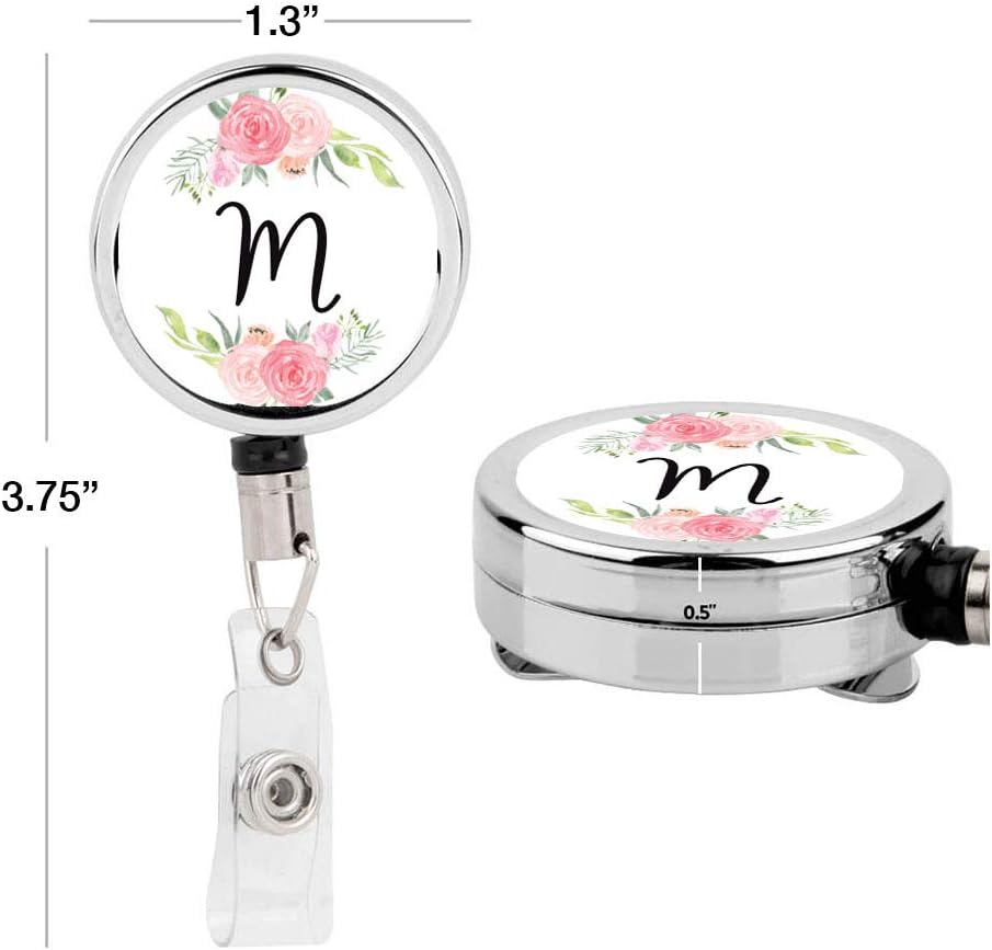 Andaz Press Retractable Badge Reel Holder with Clip, Heavy Duty Metal Name Tag Retractable ID Key Belt Clip Blush Pink and Cream Flowers, Floral Monogram M