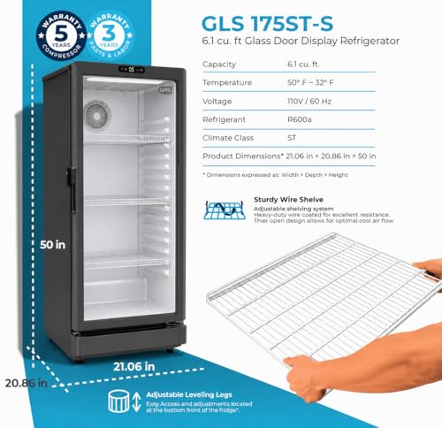 Image of GRS Commercial Display Refrigerator with Glass Door Lock | Cool Air Flow & Temperature | Beverage fridge, Drink and Wine Cooler with Adjustable Display Shelf for Stores and Bars | Black, 6.0 Cu. Ft