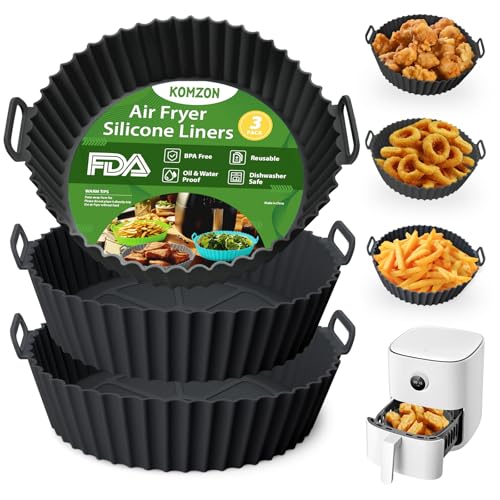 Komzon 3 Pack Air Fryer Silicone Liners, 8Inch Airfryer Liners, AirFryer Basket Liner, Reusable Food Grade Air Fryers Basket Pots Oven Liner Baking Tray, Air Fryer Silicone Mat Accessories Kitchen