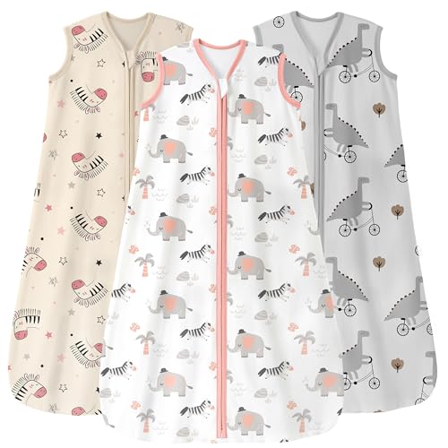 Image of Baby Sleep Sack 0-6 Months 3 Pack 100% Cotton Lightweight 0.5 TOG Wearable Blanket Baby Sleep Bag with 2-Way Zipper for Newborn Infant Pink Apricot Gray Zebra