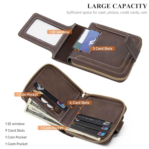 LJCZKA Zipper Leather Wallet for Men Large Capacity Bifold Credit Card Holder Coin Cash Purse with Flap ID Window (Brown)4