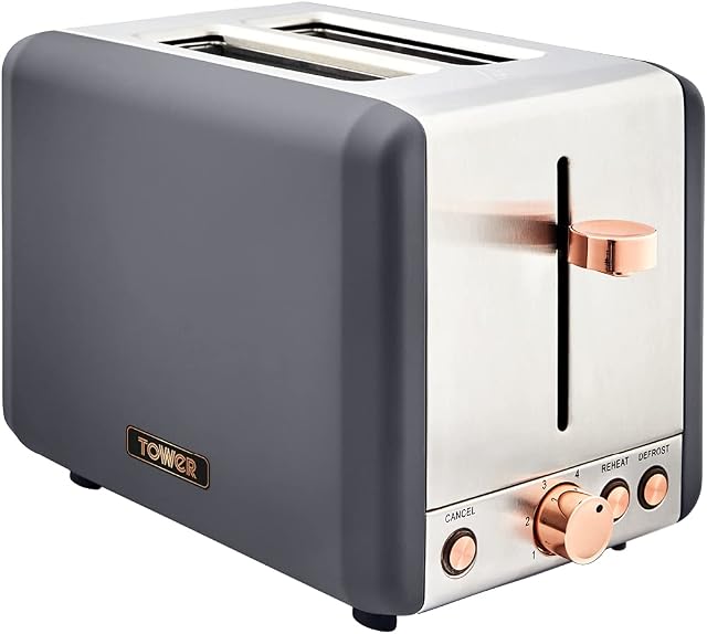 Tower T20036RGG Cavaletto 2-Slice Toaster with Defrost/Reheat, Stainless Steel, 850 W, Grey and Rose Gold