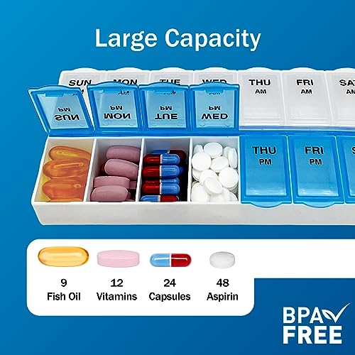 amazon basic care 7-day ampm pill organizer vitamin case and medicine box large compartments 2 times a day blue and clear lids