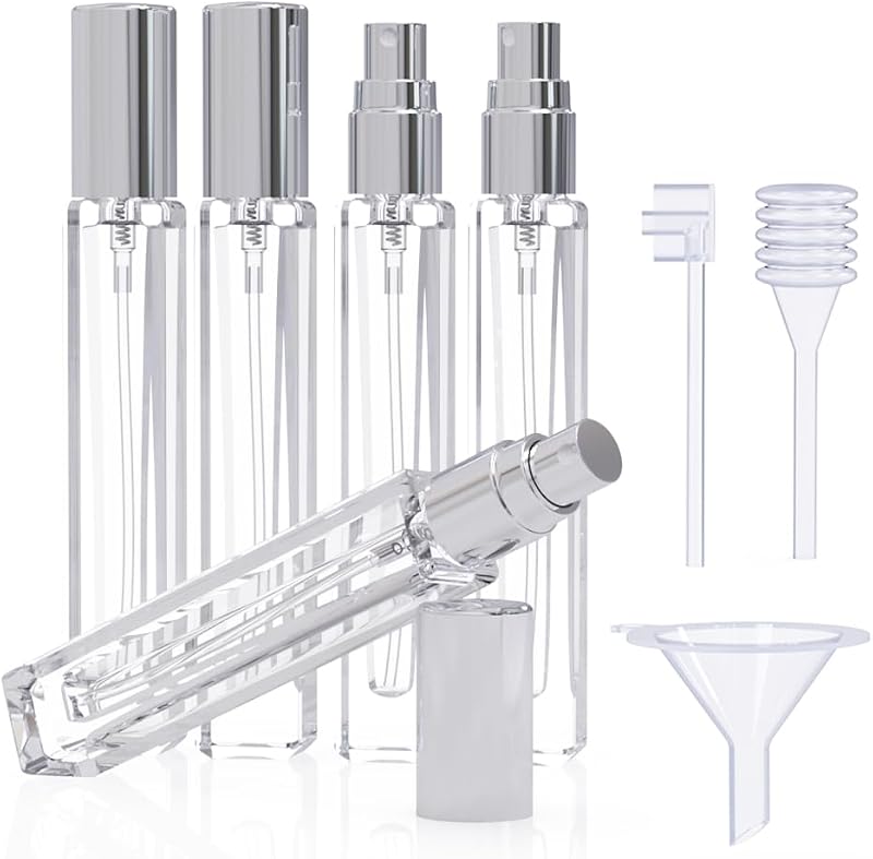 Frascos Atomizadores Recarregáveis seafulee de Vidro para Perfume, 10 mL, Pacote com 5 e Acessórios, Tampa Transparente e Prateada