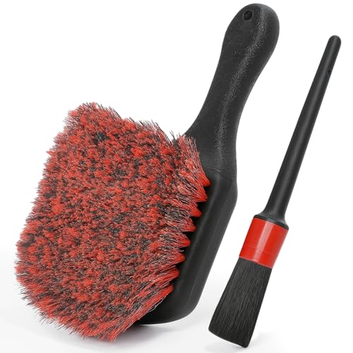 TAKAVU Wheel Tire Brush - Soft Bristle with Short Handle, Included Detailing Brush - Car Cleaning Kit for Rims, Tires, Interior Vents, Emblems - Scratch Safe