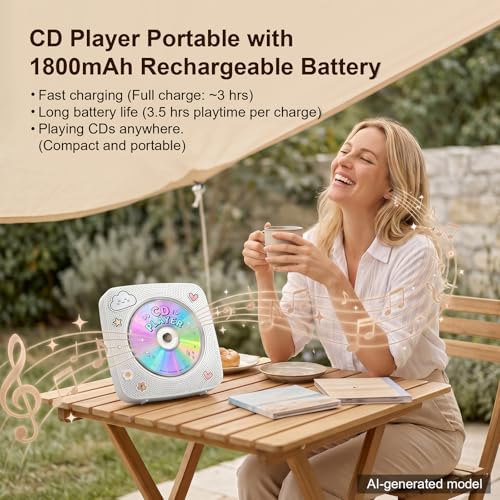 Image of Gueray Portable CD Player Bluetooth: CD Players for Home Rechargeable Desktop Wall Portable CD Player with Bluetooth & Dual Speakers 1800mAh Boombox FM Radio MP3 Music Player (Light White)
