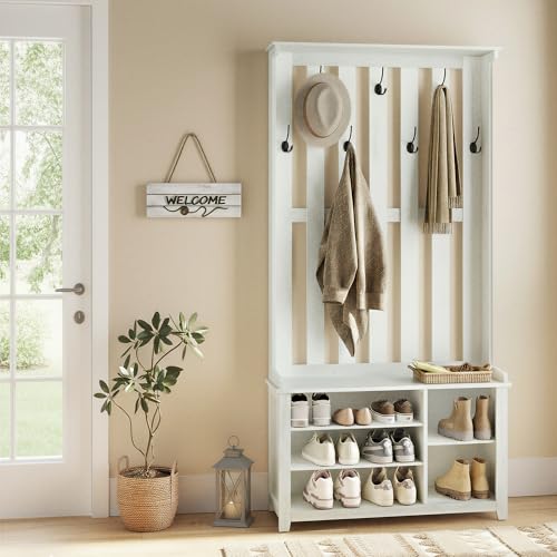 Image of VASAGLE Hall Tree with Bench and Shoe Storage, Coat Rack with Shoe Bench, 7 Double Hooks for Jackets, Hats, Entryway, Bedroom, Living Room, 13.8 x 31.9 x 70.9 Inches, Rustic White UHSR414W01