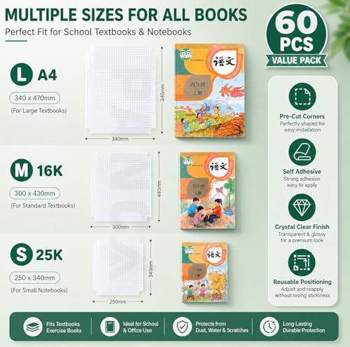 Image of PANCA 30 Pcs(3 Different Sizes -10 Each) Self Adhesive Book Cover Transparent Protective Sticker for School Notebooks Waterproof Book Covers Roll Plastic Sheets (Set of 60)
