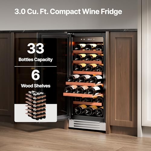 Image of Ca'Lefort 15 Inch Wine Fridge - 33 Bottle Wine Cooler Refrigerator | 40-65F Touch Control, Dual-Pane Glass Door, Adjustable Shelves, 3-Color LED, Built-In or Under Counter for Home Bar /Kitchen