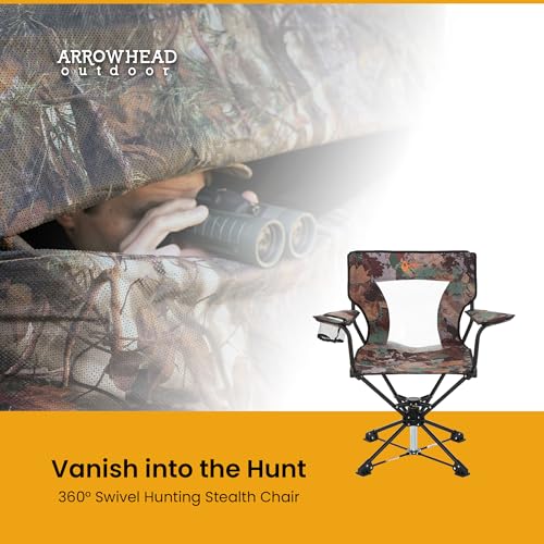 ARROWHEAD OUTDOOR 360° Degree Swivel Hunting Chair w/Armrests, Perfect for Blinds, No Sink Feet, Supports up to 450lbs, Carrying Case, Steel Frame, Fishing, High-Grade 600D Canvas, USA-Based Support,
