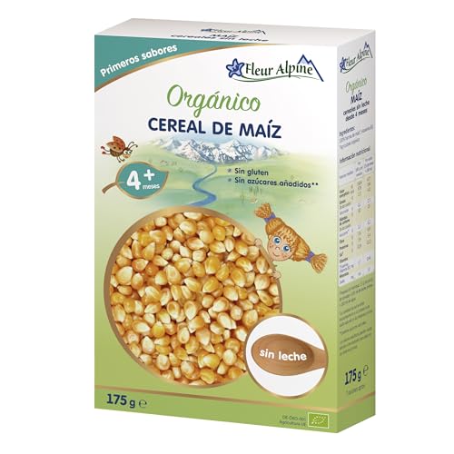 FLEUR ALPINE Cereal Orgánico de Maíz para Bebés - Deliciosas Gachas para Bebés para Desayunos Suaves | Papilla Nutritivo Y Fácil De Hacer Sin Gluten 4+ Meses Sin Azúcares Añadidos | 7 Porciones