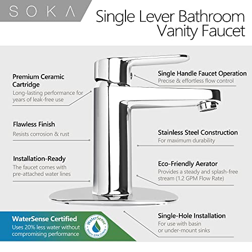 Soka Brass Bathroom Faucet Chrome Bathroom Sink Faucet Chrome With Pop-Up Sink Drain Stopper & Deck Plate 1 Or 3 Hole Bathroom Faucet Single Handle Bathroom Faucet Single Hole Rv Bathroom Faucet #TOP3