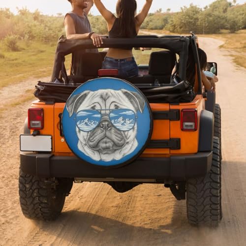 Image of Delerain Pug with Sunglasses Spare Tire Covers for RV Trailer SUV Truck and Many Vehicle, Wheel Covers Sun Protector Waterproof, (14 Inch for Diameter 23 inch-27 inch)