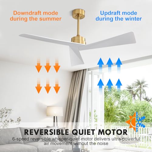 WINGBO 52" DC Ceiling Fan without Lights, Brass and White Ceiling Fan with Remote, 3 ABS Plastic Blades, 6 Speed Reversible DC Motor, Ceiling Fans No Light for Kitchen Bedroom Living Room by WINGBO - Used condition - Image 3