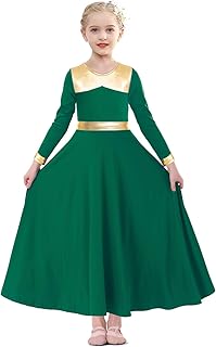 Girls Metallic Gold Parise Dance Dress Long Sleeve Full Swing Skirt Worship Liturgical Costume Church Robe - Buy now
