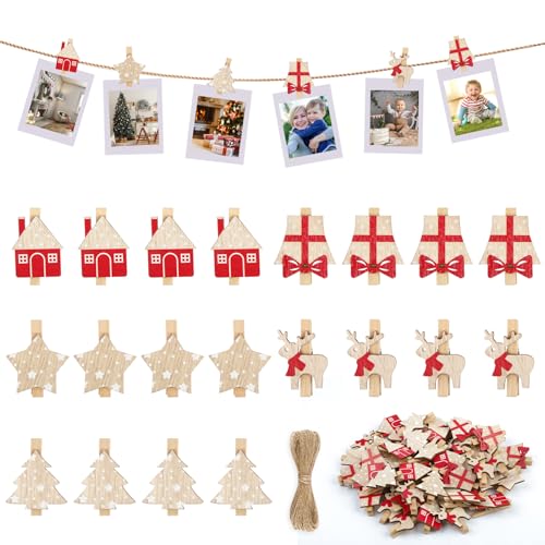 60 Stück Holzklammern Weihnachten, Wäscheklammern Holz mit Jute...