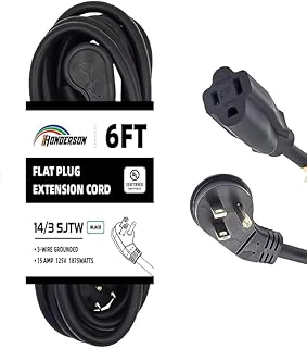 Flat Plug Indoor Extension Cord, UL Listed, 14 Gauge 6FT Black 3 Prong Heavy Duty, 14/3 SJTW 15A Power Cord for Lights, Appliances, Home