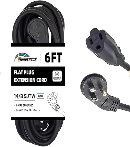 HONDERSON Flat Plug Indoor Extension Cord, UL Listed, 14 Gauge 6FT Black 3 Prong Heavy Duty, 14/3 SJTW 15A Power Cord for Lights, Appliances, Home