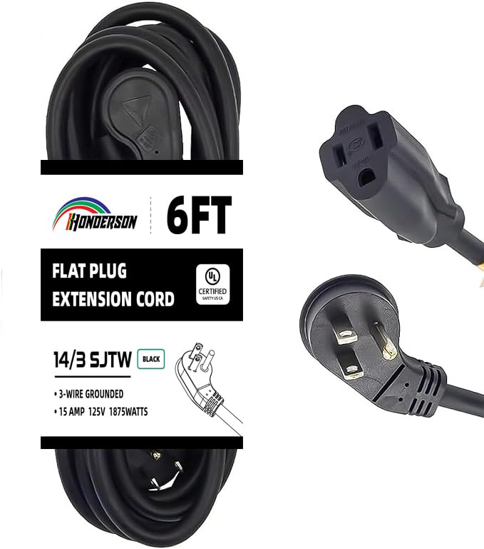 HONDERSON Flat Plug Indoor Extension Cord, UL Certified, 14 Gauge 6FT Black 3 Prong Heavy Duty...