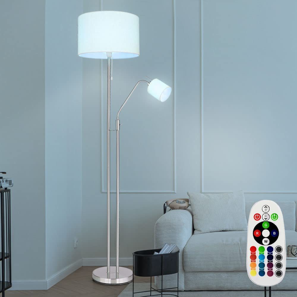 Stehleuchte Wohnzimmer Deckenfluter mit Leselampe Stehlampe Stoffschirm Zugschalter, Fernbedienung dimmbar Memory Funktion, 2x RGB LED warmweiß, DxH 40 x 175 cm