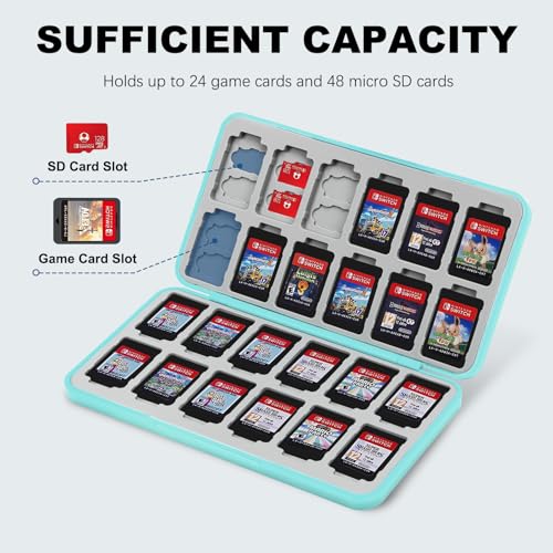 Image of FYY Nintendo Switch Game Case Holder for Switch 2 Cartridge Case with 24 Game Card Slots & 48 Micro SD Card Slots, Hard Shell, Silicone Lining Mint Green