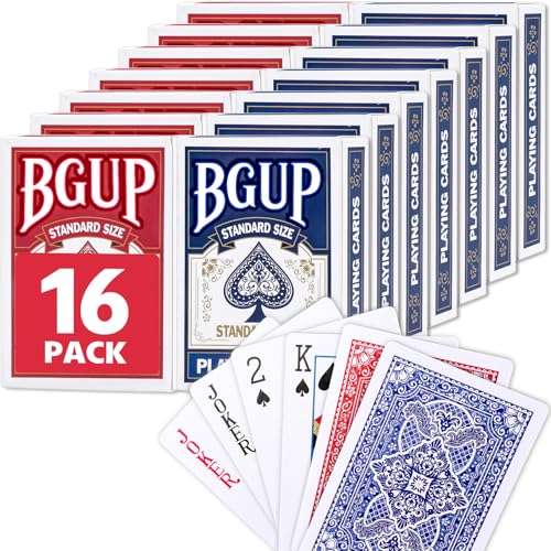 BGUP Playing Cards 16 Decks of Cards Bulk Standard Size Poker Cards Perfect for Classic Card Games Party Games Blackjack Card Games for Families & Magic Performances (Red/Blue)