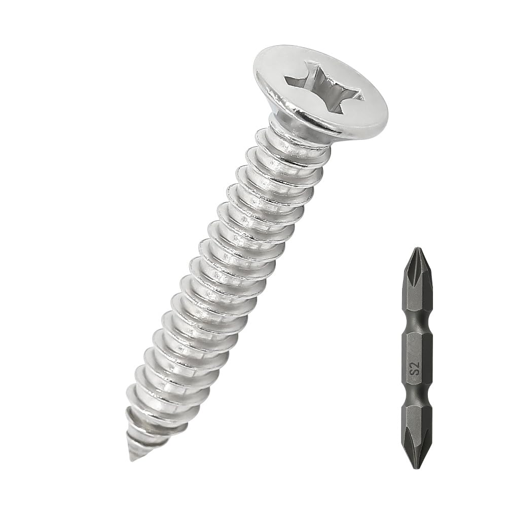 50pcs #12 x 1-1/4 Phillips Flat Head Self-Tapping Sheet Metal Screws 304 SS | Includes 50mm S2 Bit, 18-8 SS, Countersunk Design, Flush Fit, Burr-Free,