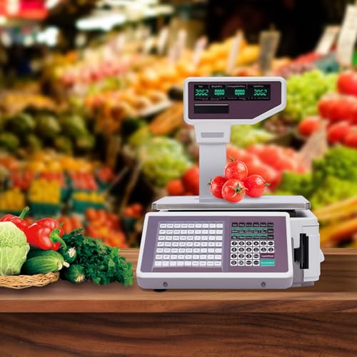 Price Computing Scale with Thermal Label Printer, Electronic Label Printing Scale Pole Display, LCD & LED Digital Weight Price Scale for Supermarket, Fruit Store, Retail, Meat Shop, 30/60lbs Capacity