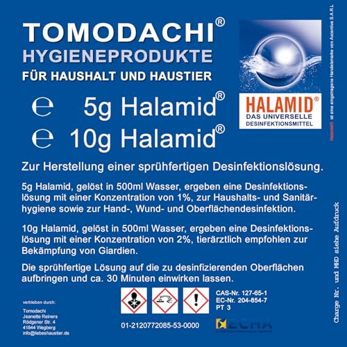 Giardien, Katze, Halamid Desinfektion, 10g Halamid für 2 prozentige, sprühfertige 500ml Desinfektionslösung zur Giardienbekämpfung. Mit Leitungswasser auffüllen, vor Gebrauch schütteln, desinfizieren.