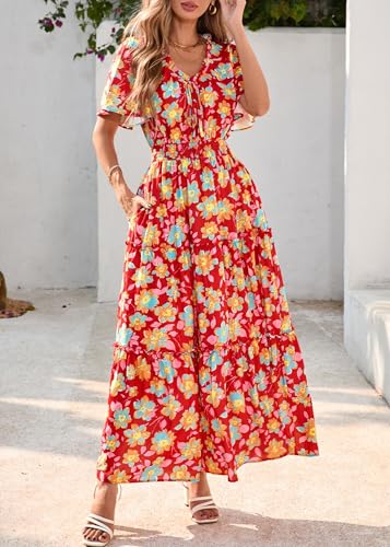 KIRUNDO Spring Summer Wedding Guest Dresses for Women 2026 Boho Floral Short Sleeve V Neck Ruffle Tiered Flowy Maxi Dress(Wine Red, Large) — view 4