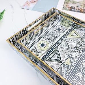 2 Pack Boho Decorative Trays with Handles Modern Serving Trays for Coffee Table Living Room Kitchen Home Decor Black