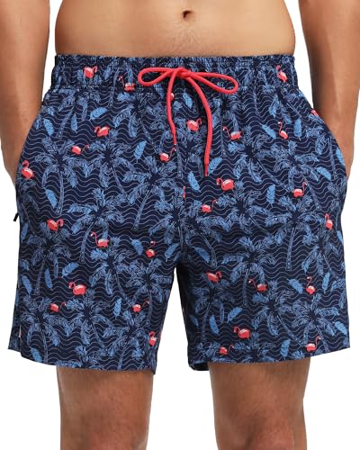Image of Mens Swim Trunks Compression Liner No Mesh Swimming Trunks Men Swimwear Quick Dry Above Knee Zipper Pocket Swim Shorts