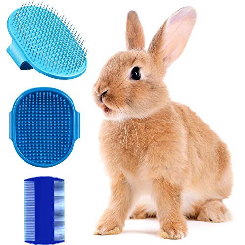 3 Pieces Rabbit Grooming Kit Including Pet Hair Remover Rabbit Grooming Brush, Pet Shampoo Bath Brush with Adjustable Ring Handle and Double-Sided Pet Comb for Rabbit, Hamster, Bunny and Guinea Pig