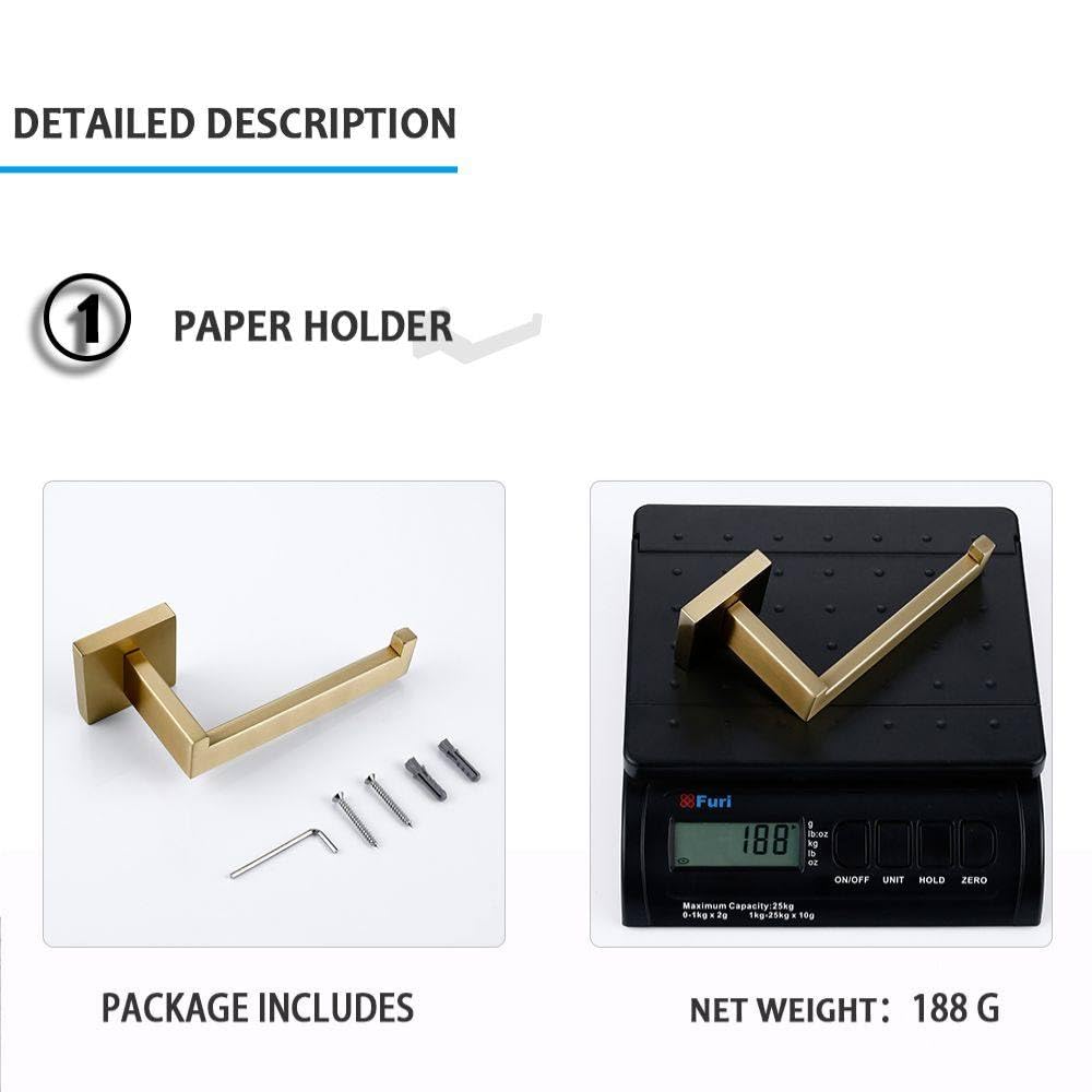 Juego de Accesorios de baño de Oro Cepillado Soporte para Rollo de Papel higiénico para Montaje en Pared Toallero Percha para Bata Kit de Accesorios de Acero Inoxidable, Soporte de Papel BG