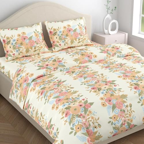 Image of Haus & kinder Double Bedsheet for Queen Size Bed | 90 x 100 Inches 144 TC Cotton Bedsheet for Double Bed with 2 Pillow Covers - Vintage Peony