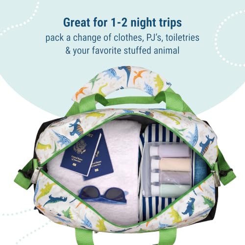 Image of Wildkin Overnighter Duffel Bag for Kids, Dinosaur Adventures | 18 x 9 x 9 in travel duffel with roomy main compartment, exterior zip pocket and removable padded shoulder strap.