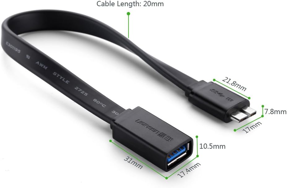 UGREEN Micro USB 3.0 OTG Cable Flat On The Go Adapter Micro USB to USB Female for Android Samsung Galaxy S5, Note 3, Note Pro 12.2, Tab Pro 12.2, Lenovo Yoga 8, 8 inch Black