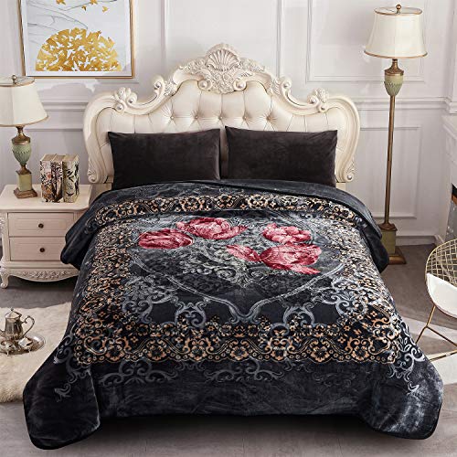 MERRY HOME Korean Fleece Blanket King Size,85 X 95 Inches- 9 Lbs, Single Ply, Soft Heavy Warm Mink Blanket, Thick Raschel Bed Blanket for Winter,Autumn (Grey with Rose,King)