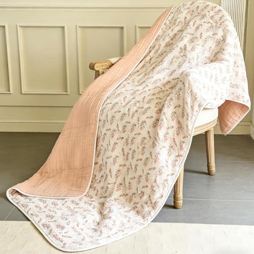 Image of SANACYNA Muslin Blankets 100% Cotton 6-Layer Gauze Floral Throw Blanket Lightweight Soft and Breathable Bed Blanket for Sofa Bed Coverlet Both Sides (Floral, Throw 50 inchx60 inch)