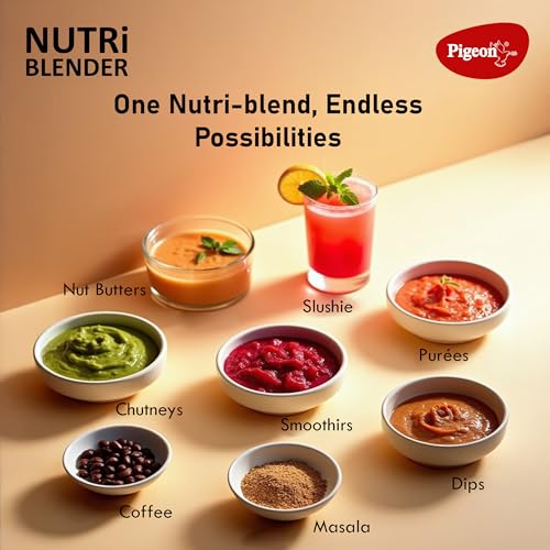 Image of Pigeon By Stovekraft Nutri Blender | Grinder Juicer Blender Smoothie Maker All-in-1 Machine | 600 Watt | 2 Jars- Multiuse Jar 500ml,Dry Grind 300ml, 1 Sipper, 1 Cap |2 Blades|2 Year Warranty