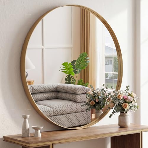 Image of NEWBULIG 30-Inch Round Wall Mirror, Bathroom Wall Circle Mirror with Metal Frame, Bathroom Decor for Entryway, Living Room, Vanity, Gold